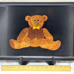 Vintage Couroc Black Tray – Large 18&quot; x 12.5&quot; with Inlaid Teddy Bear Design, Monterey, CA