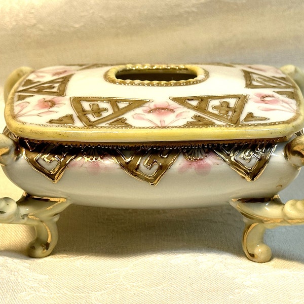 Antique Nippon Hair Receiver - Scroll Loop Footed Porcelain Trinket Box -  Japanese Footed Porcelain Box