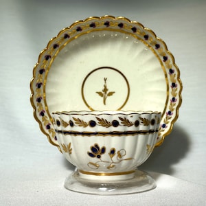 18th Century Early Worcester Tea Bow and Saucer, Fluted Cobalt and Gold Antique Porcelain Set, Bowl marked Flight