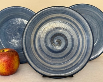 Dorchester Pottery Blue Swirl Plates, Set of Three 7-3/8" Plates Signed CAH & J.M, Blue Stoneware Plates