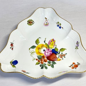 Vintage Herend Porcelain Triangular Dish: Fruits and Flowers Pattern