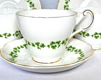 Green Shamrock Teacup and Saucer, Vintage English Bone China