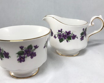 Purple Violets Creamer and Sugar - Queen Anne Bone China Creamer and Sugar Set - Ridgeway - Made in England