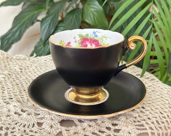 Shelley Matte Black Teacup and Saucer - Ripon Shape - Pattern 13287/24