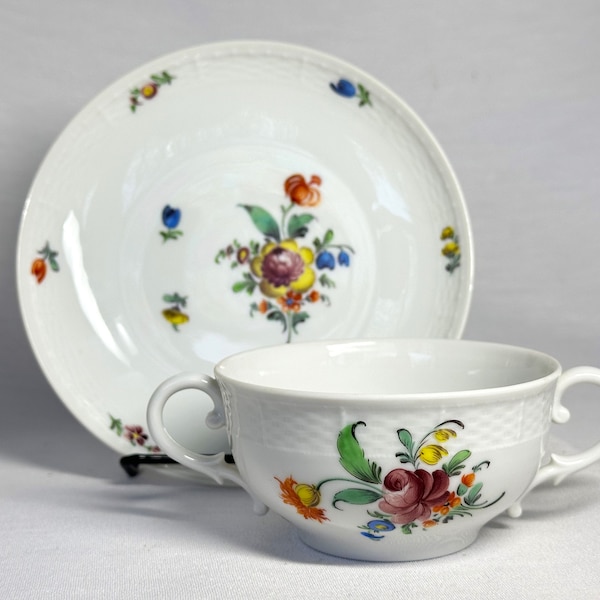 Floral Bouquet Cup and Saucer by Nymphenburg, Vintage Two Handle Hand Painted Cup #5916 - Munich, Bavaria