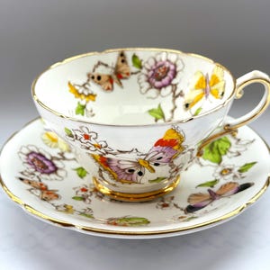 Vintage Cup & Saucer by Stanley – Colorful Butterflies and Flowers – Mid-Century English Bone China