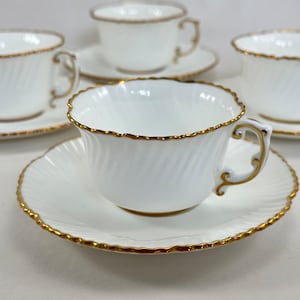Hammersley Swirl Edge Cups and Saucers, Set of Four English Fine Bone China 3 Ounce Small Teacups, Wedding White with Gold Trim image 1