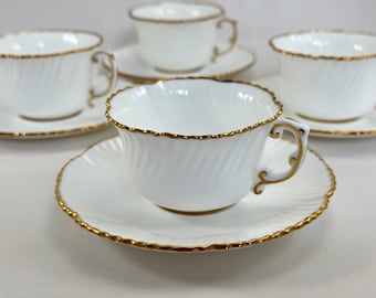 Hammersley Swirl Edge Cups and Saucers, Set of Four English Fine Bone China 3 Ounce Small Teacups, Wedding White with Gold Trim