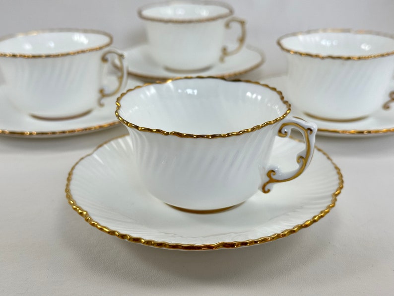 Hammersley Swirl Edge Cups and Saucers, Set of Four English Fine Bone China 3 Ounce Small Teacups, Wedding White with Gold Trim image 1