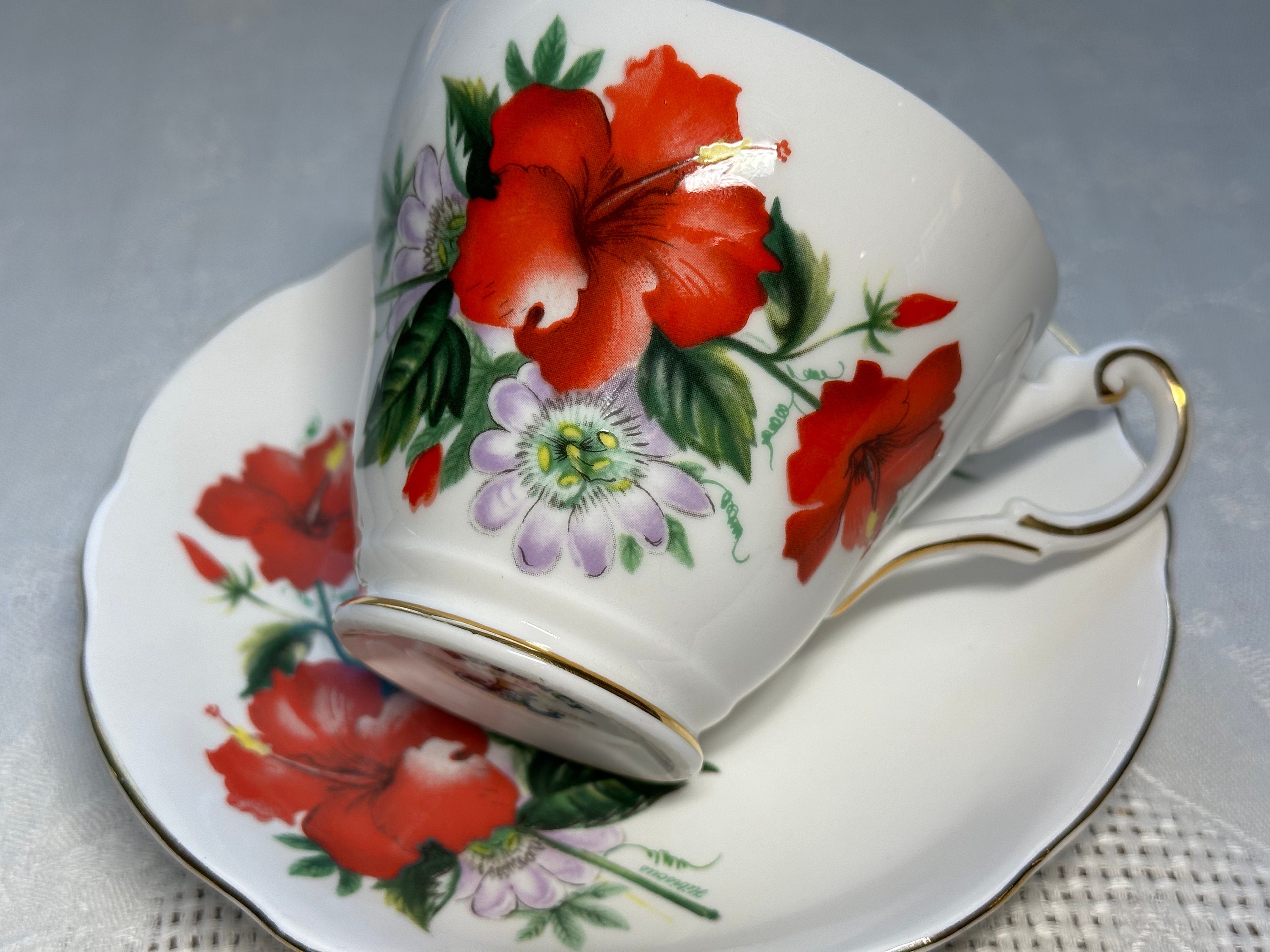 Red Hibiscus Cup and Saucer by Regency 1970's Bone China Etsy