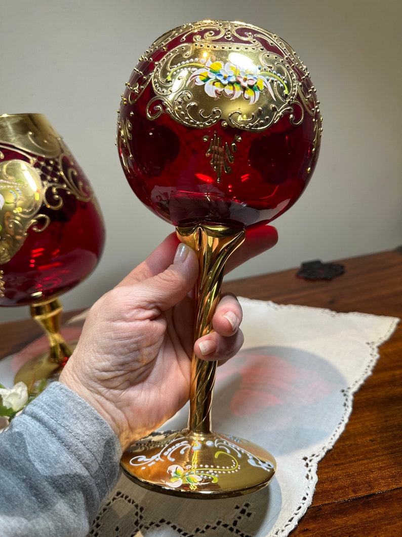 BIG Art Glass Stemware Ruby Red Stemware W/ Gold and Enamel Etsy
