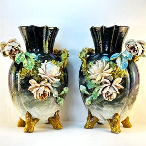Phenomenal Pair of French Majolica Barbotine Vases – Edouard Gilles, Impressionist Gros Relief, 19th Century