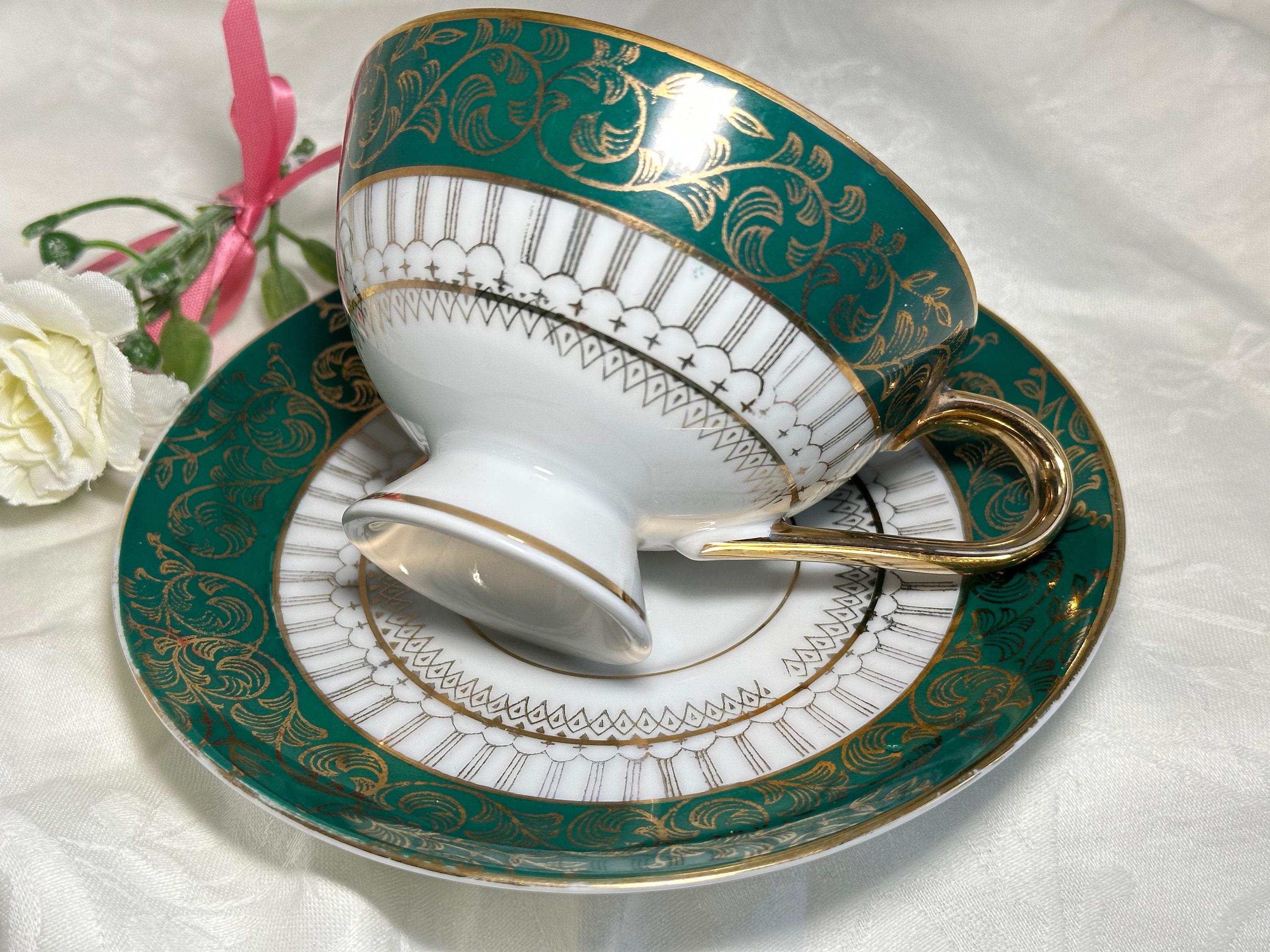Japanese Cup and Saucer Green and Gold Pedestal Teacup Etsy