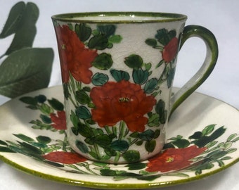 Poppies Espresso Cup and Saucer, Demitasse Set with Hand Painted Red Poppy Flowers on Crackle Glazed Stoneware