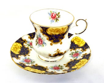 Navy Gold English Cup and Saucer: Vintage Elizabethan Small Teacup Pink Roses