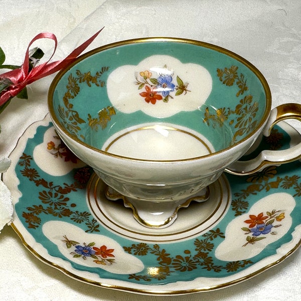 Edelstein Bavaria Maria Theresia Demitasse Cup and Saucer - Small Vintage Cup and Saucer Made in Bavaria - Turquoise and Floral Cup & Saucer