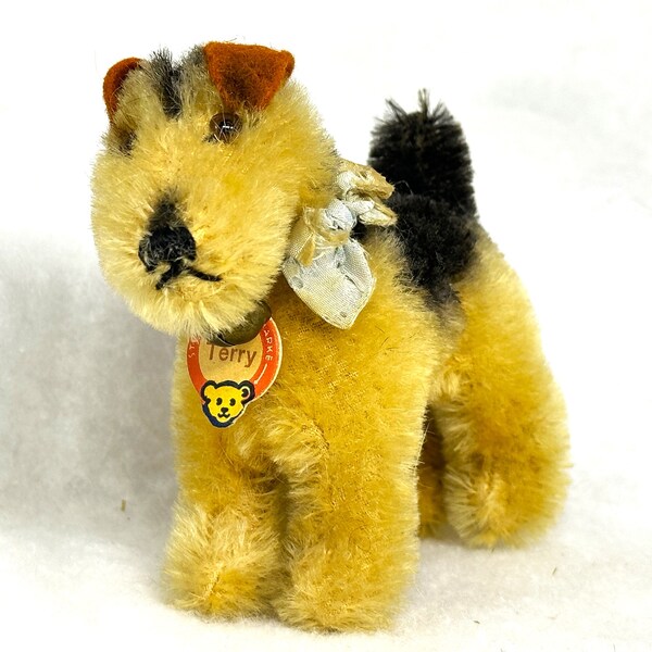 Steiff Small Terry Dog, 1950's Mohair Standing Airdale Irish Terrier with Chest Tag, No Button in Ear