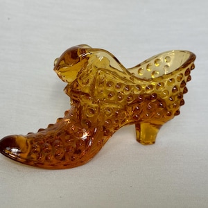 Fenton Amber Glass Cat Head Slipper, Vintage Hobnail Shoe