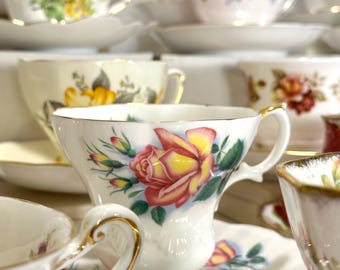 1950s Clarence Bone China Teacup and Saucer: Pink Rose, Made in