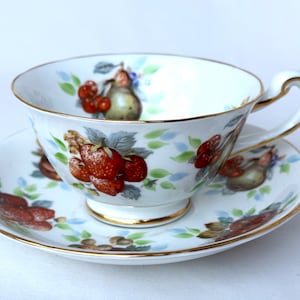 Fruit Harvest Teacup by Royal Chelsea, Colorful Strawberries, Apples, Cherries, Pears on a Mid Century English Bone China Cup and Saucer