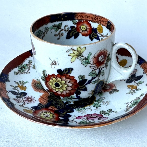 Antique Chinoiserie Cup and Saucer, Mason's Patent Ironstone China, 1820's Transferware Tea or Espresso Set with Peonies, Insects, Birds