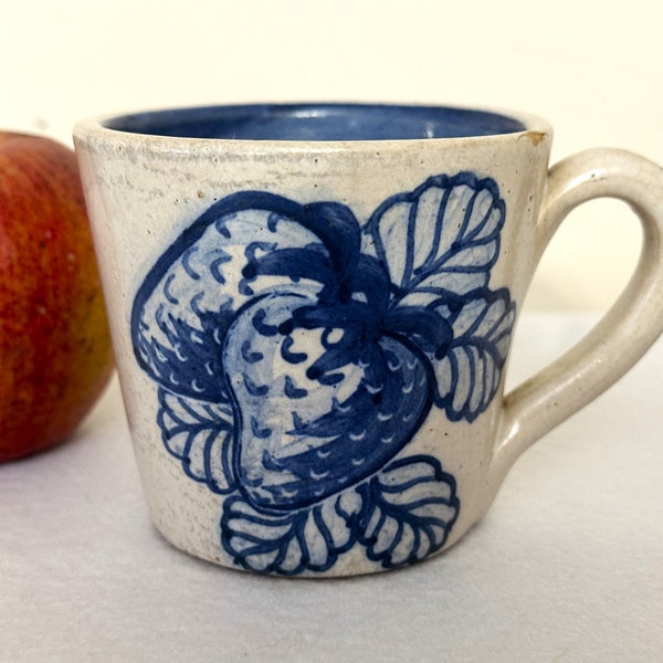 Dorchester Pottery Cup, Strawberry Pattern, Signed CAH, Vintage Bristol Glaze Stoneware Mug, Dorchester, Massachusetts