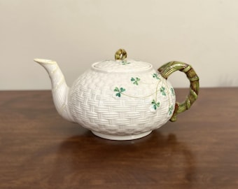 Vintage Belleek Shamrock Teapot, Basketweave Irish Porcelain, 5th Green Mark, 3 Cup Tea Pot
