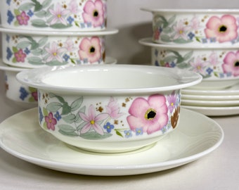 Meadow Sweet by Wedgwood, 1970's Fine English Bone China Flat Cream Soup Bowl and Saucer. Several Available