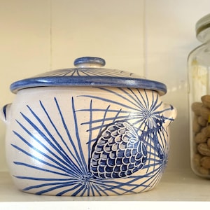 May include: A ceramic lidded pot with a white base and blue accents. The pot features a blue rim and handle, with a blue and white design. The design includes a stylized pineapple and radiating lines. The pot is on a shelf.
