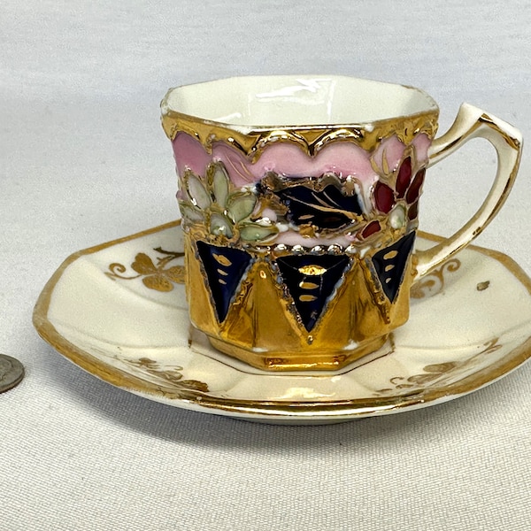 Antique German Child's Cup and Saucer, Small Gold Luster Octagonal Cup and Saucer Made in Germany