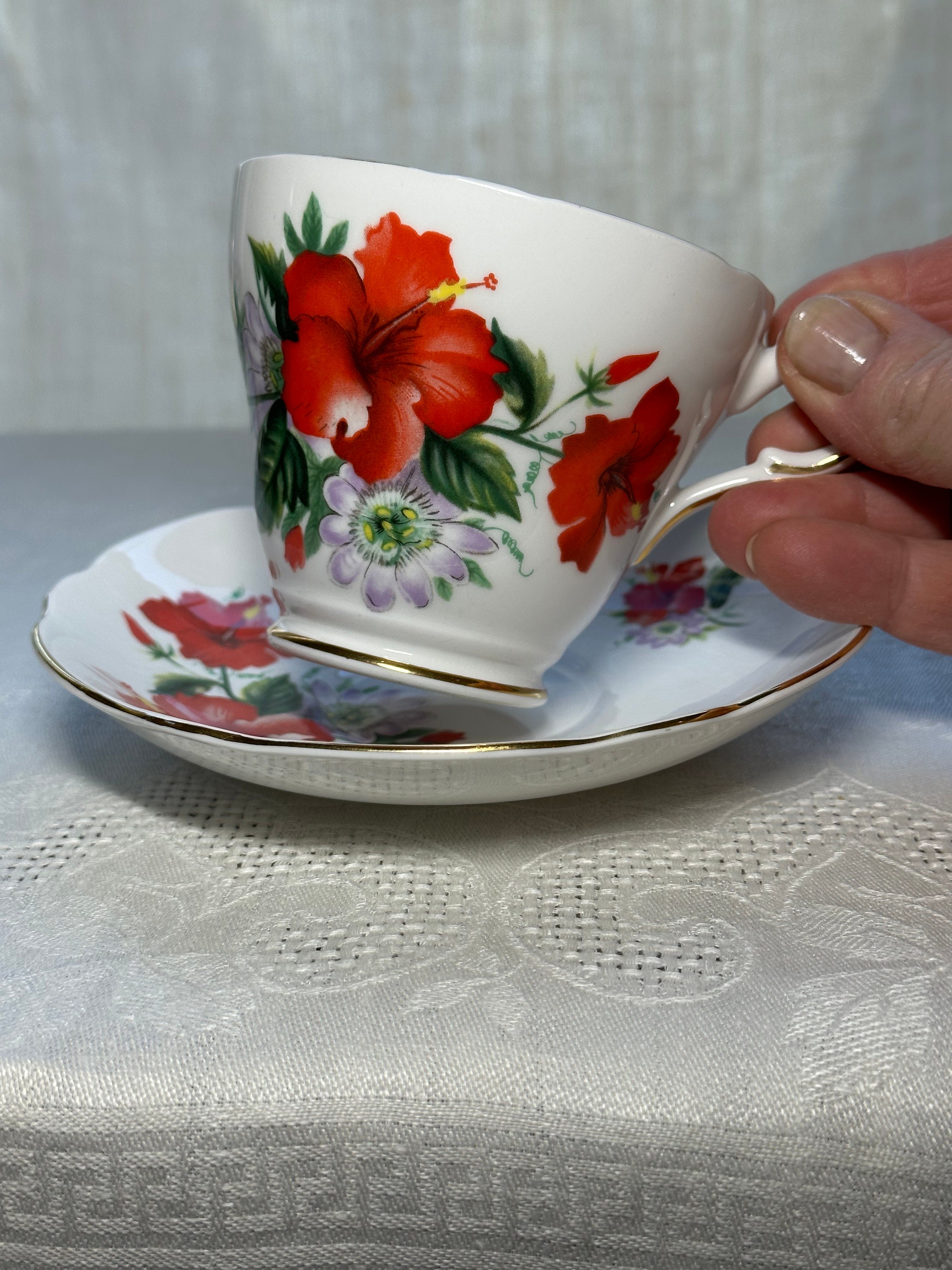 Red Hibiscus Cup and Saucer by Regency 1970's Bone China Etsy