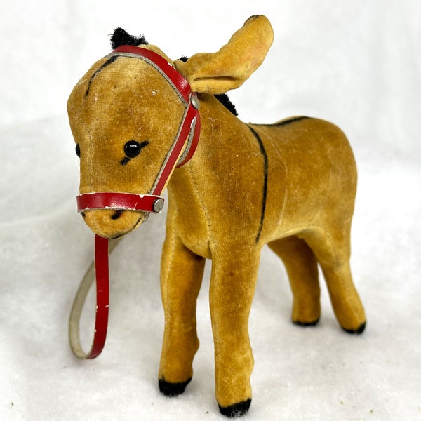 Steiff Small Donkey, 1950's Velvet Esel Donkey Standing 5" Tall, Red Leather Bridle/Reins No Button or Tag