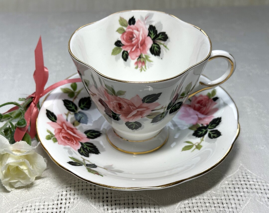 1950s Clarence Bone China Teacup and Saucer: Pink Rose, Made in