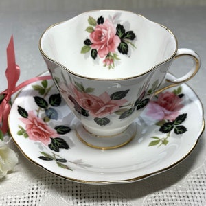 1950&#39;s Cup and Saucer with Big Pink Rose - Clarence Bone China Pink Rose Teacup - Made in England
