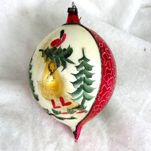 Vintage Fantasia Mercury Glass Ornament: Polish Teardrop, Carrying Tree Scene