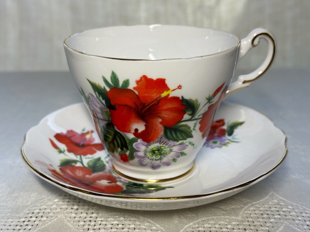 Red Hibiscus Cup and Saucer by Regency 1970's Bone China Red and