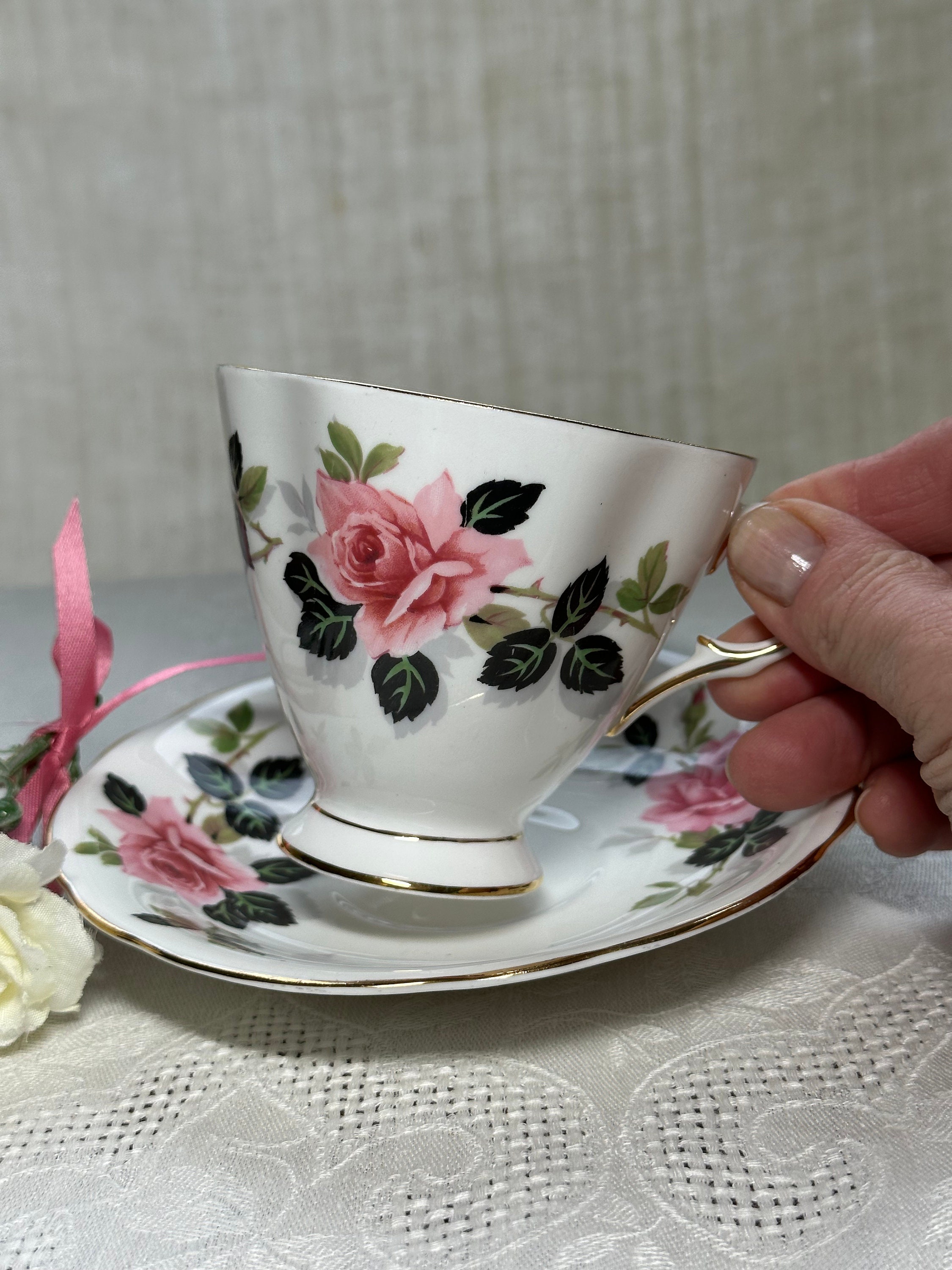 1950s Clarence Bone China Teacup and Saucer: Pink Rose, Made in