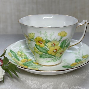 Vintage Yellow Primrose Cup and Saucer - Old Royal Bone China 1960&#39;s Floral Tea Cup w/ Yellow Flowers -  Made in England