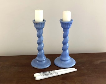 Dorchester Pottery Stoneware Candlesticks – Pair – Blue Twisted Stem – 1960s