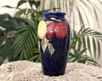 1920s Moorcroft Miniature Vase | Wisteria Plum Pattern, Cobalt Blue Glaze