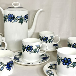 Blue Art Nouveau Susie Cooper Designs by Wedgwood, 1970's Fine English Bone China Coffee Set with Pot, Cups and Saucers