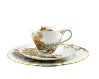 Shelley Heather Cup, Saucer and Plate: 1950s English Bone China 3 Piece Set