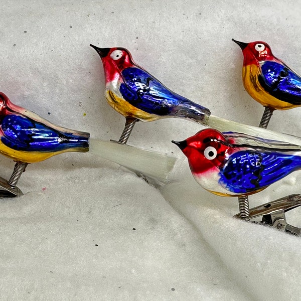 Vintage Glass Bird Clip On Ornaments, Set of 4 Song Bird Tree Ornaments with Spun Glass Tails