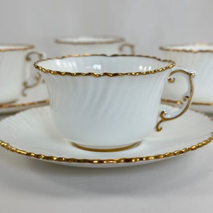 Hammersley Swirl Edge Cups and Saucers, Set of Four English Fine Bone China 3 Ounce Small Teacups, Wedding White with Gold Trim image 4