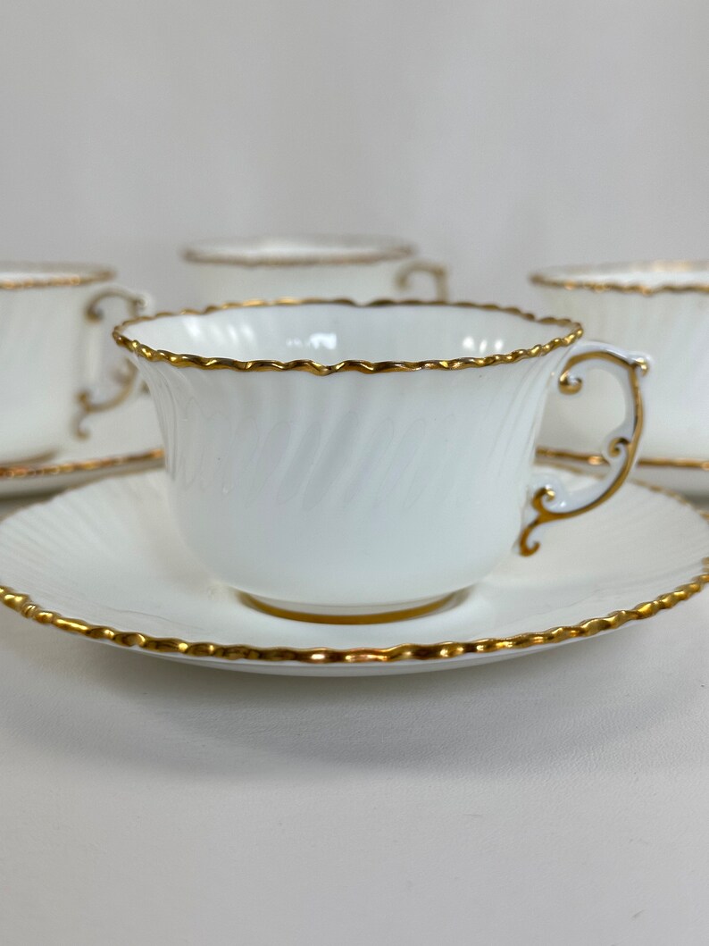 Hammersley Swirl Edge Cups and Saucers, Set of Four English Fine Bone China 3 Ounce Small Teacups, Wedding White with Gold Trim image 4