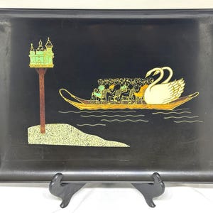 Vintage Couroc Black Tray – Large 18&quot; x 12.5&quot; with Inlaid Boston Swan Boats Design