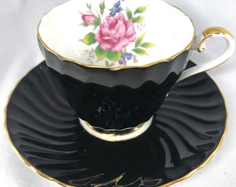 Vintage Aynsley Black Swirl Cup and Saucer, 1930's Fine English Bone China Teacup with Victorian Pink Rose Bouquet