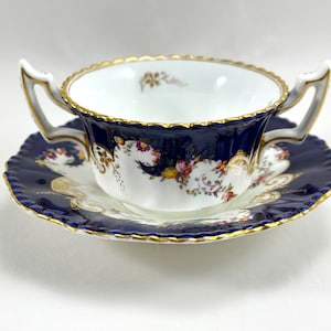 Antique Coalport Bouillon Cup and Saucer: Cobalt Blue, Gold Floral