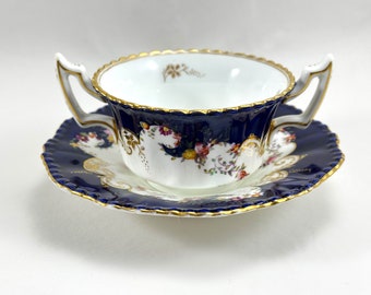 Antieke kop en schotel Coalport Bouillon: kobaltblauw, bloemen goud
