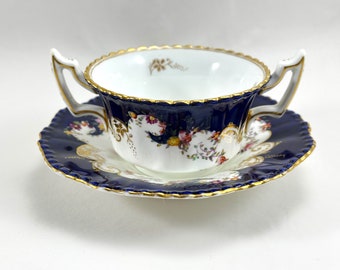 Antique Coalport Cup and Saucer, Two Handled Bouillon Cup, Cobalt Blue with Gold and Floral. Two Available